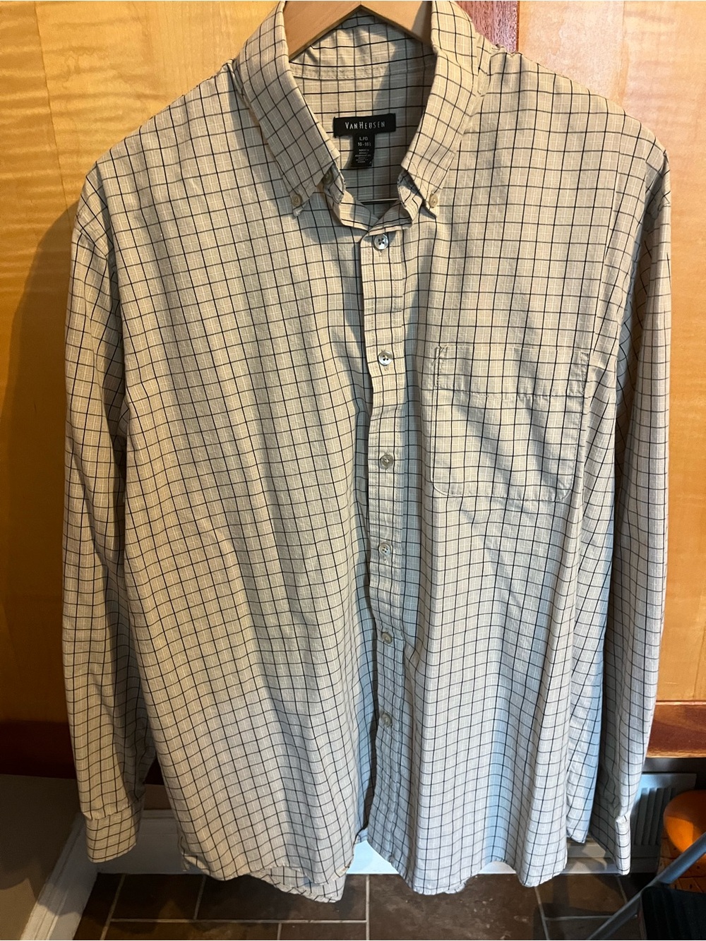 Van Heusen Beige Button-Down Shirt with Blue Windowpane Check